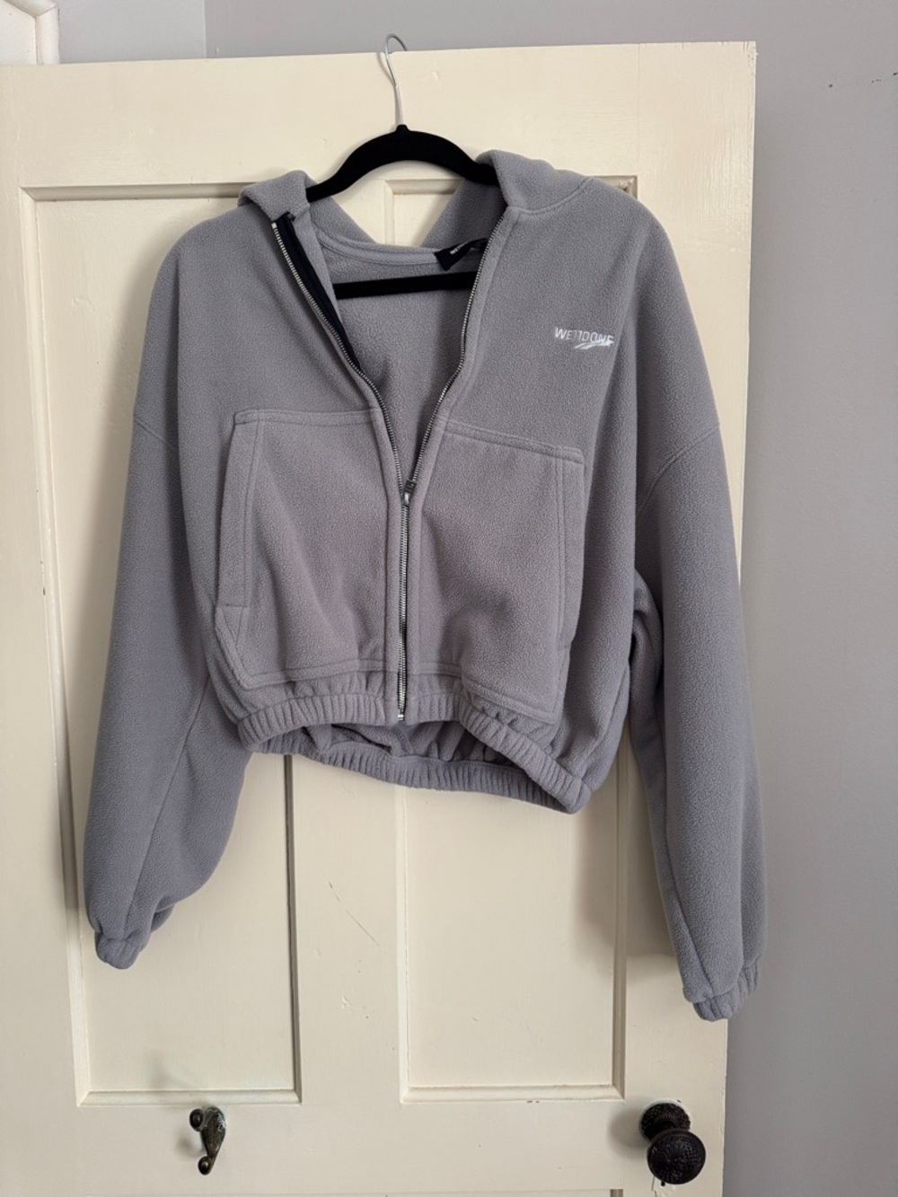 Welldone Light Gray Cropped Zip-Up Fleece Hoodie